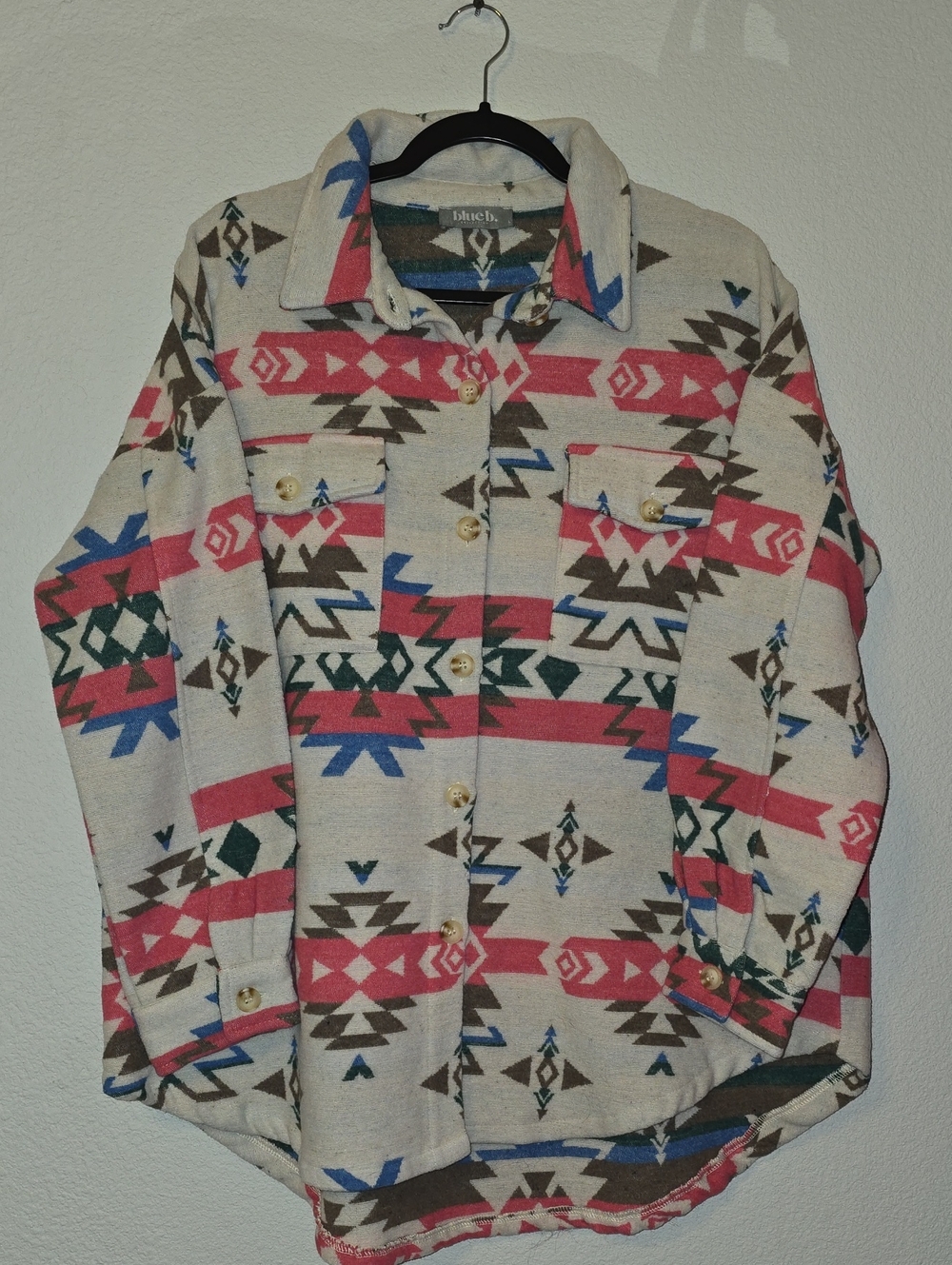 Southwestern Pattern Button-Up Shirt in Cream, Coral & Blue